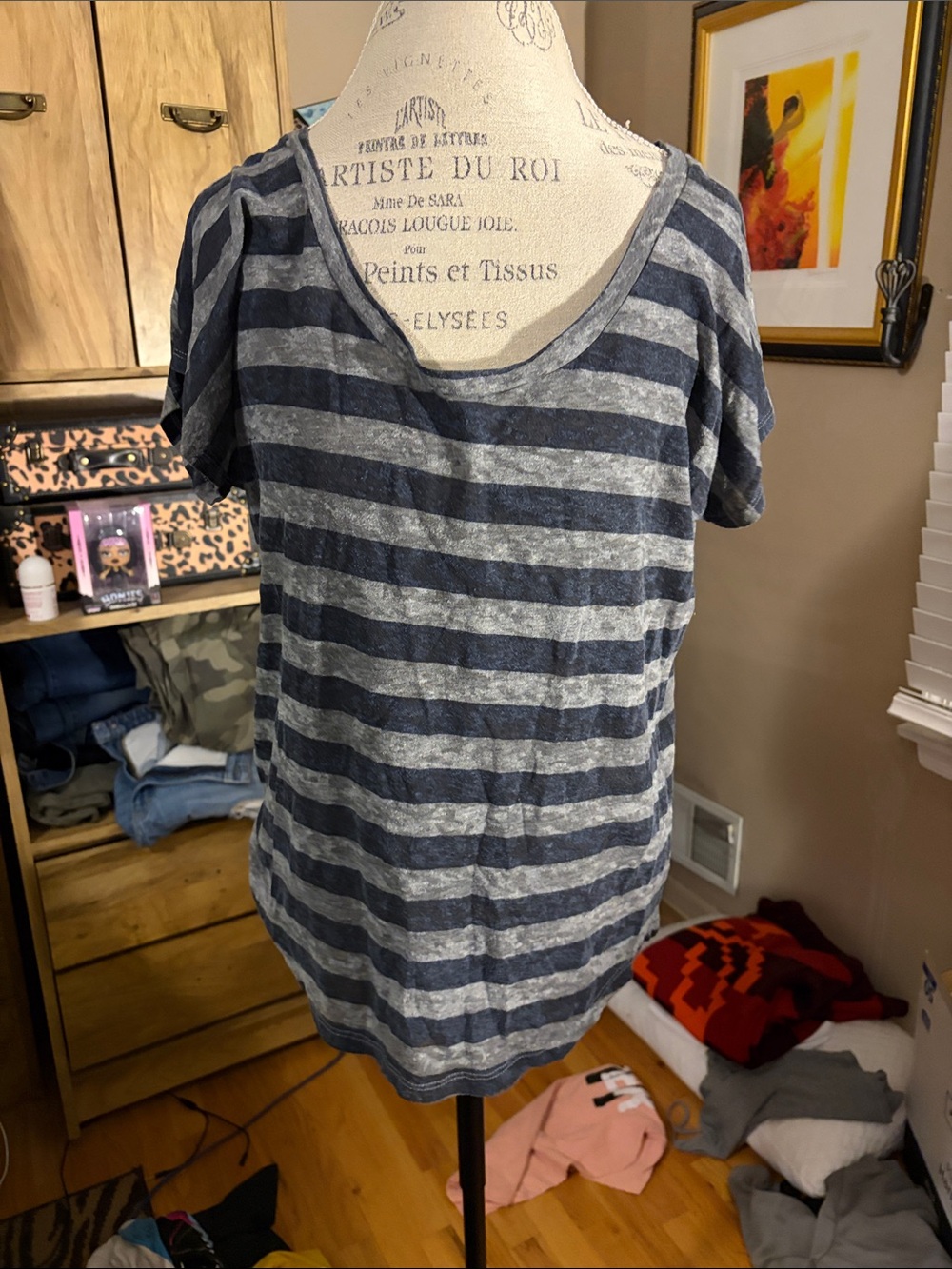 Women’s Short-Sleeve Scoop Neck Striped Tee - Blue/Grey - Large